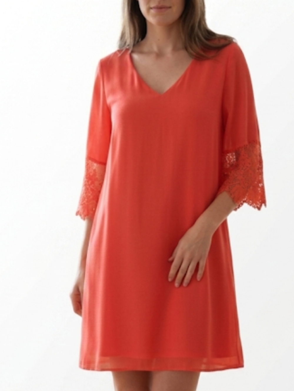 Umgee coral v-neck shift dress. Crochet lace 3/4 sleeves, back tie detail. Chic.